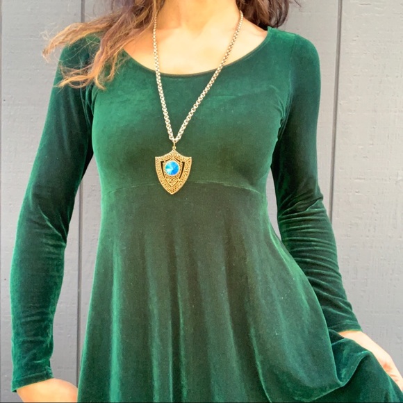 SOLD!!Vintage Dark green velvet empire waist dress Sz S - Picture 3 of 5